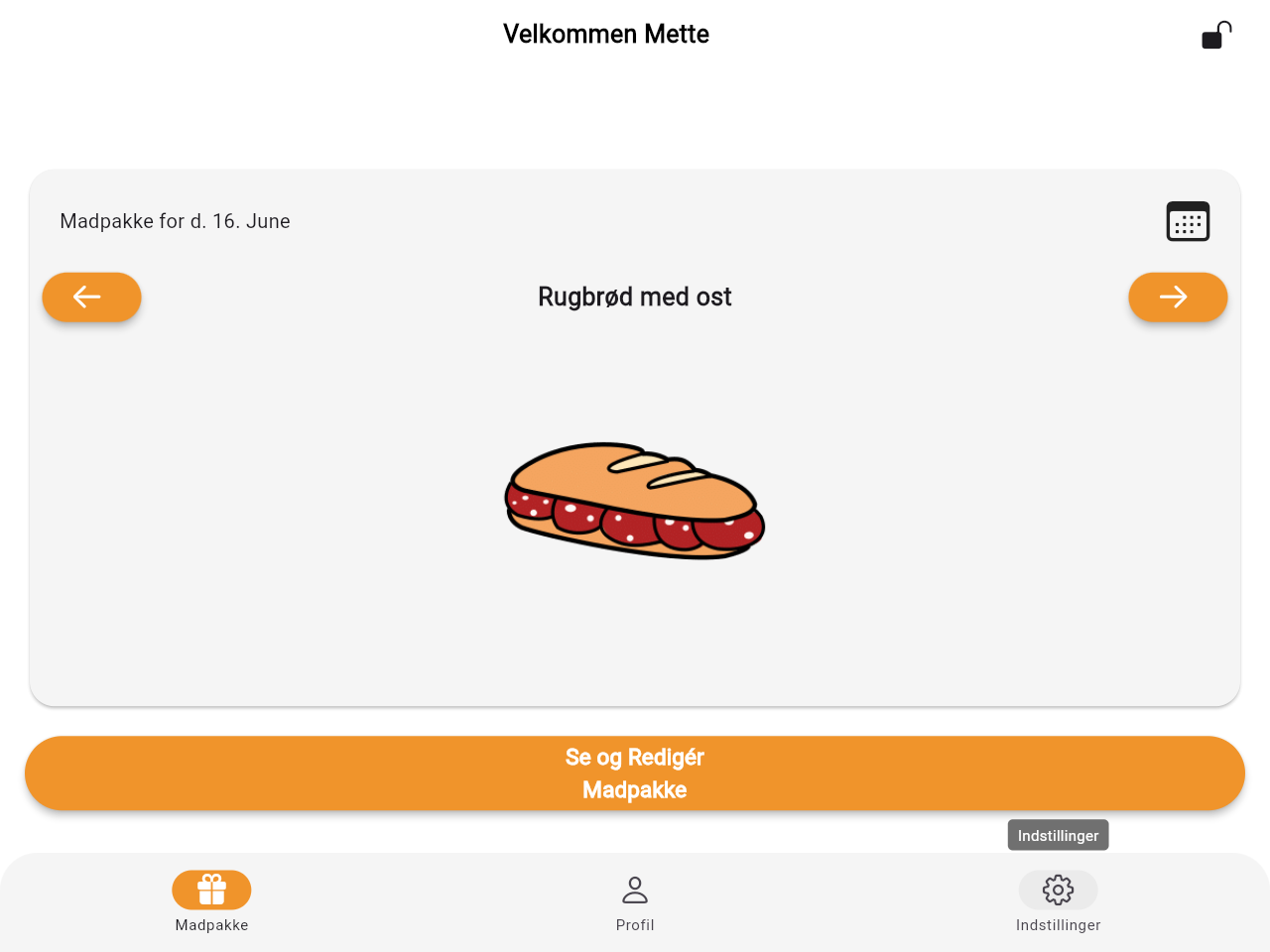 Foodplanner showing a daily lunch plan with a realistic photo of the food