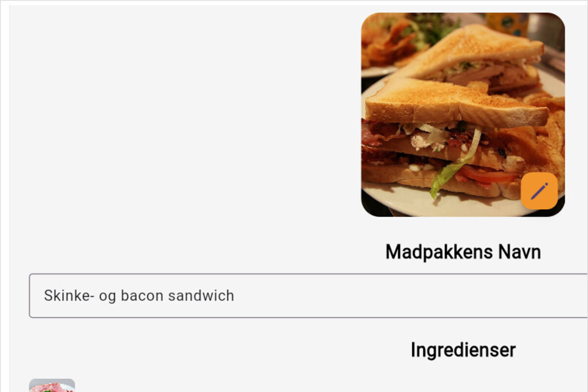 A Foodplanner lunchbox: a photo of a ham-and-bacon sandwich, its name, and the start of its ingredient list