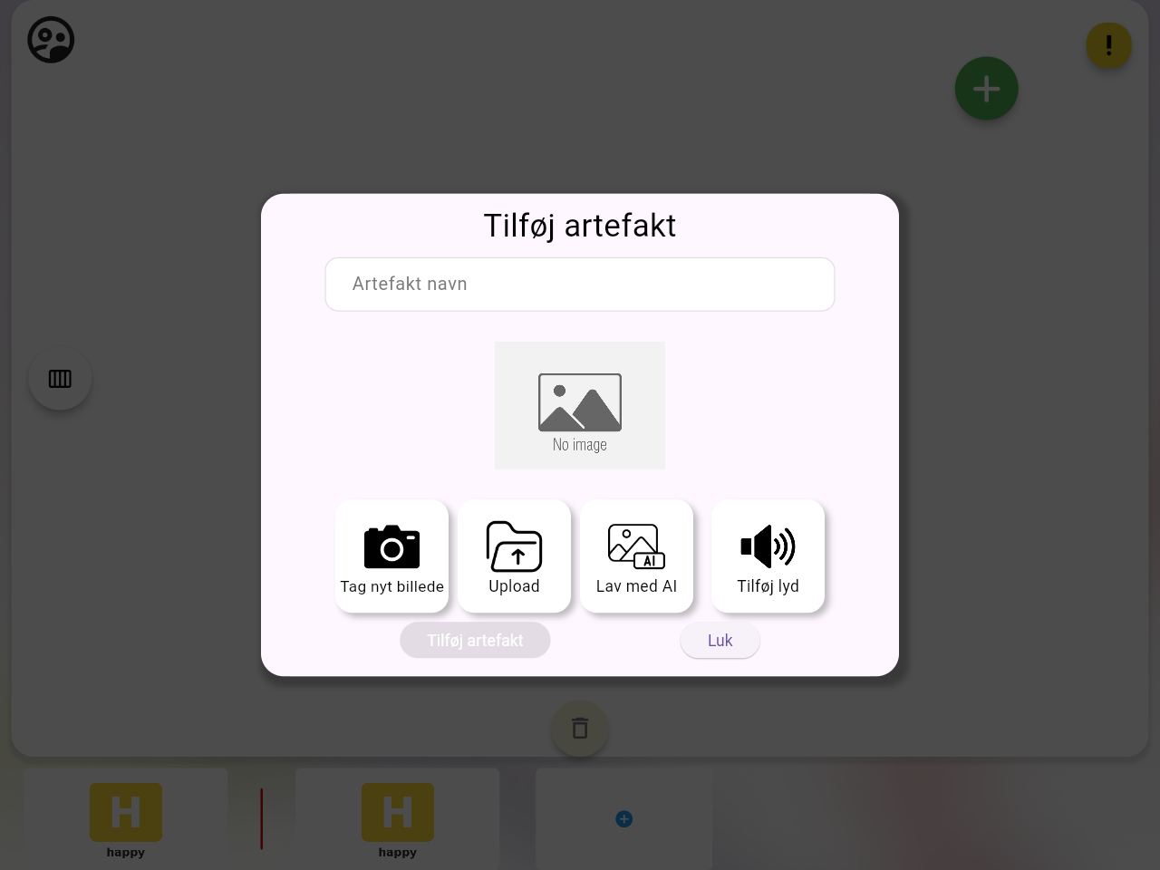 Creating a new artefact by photo, upload or AI