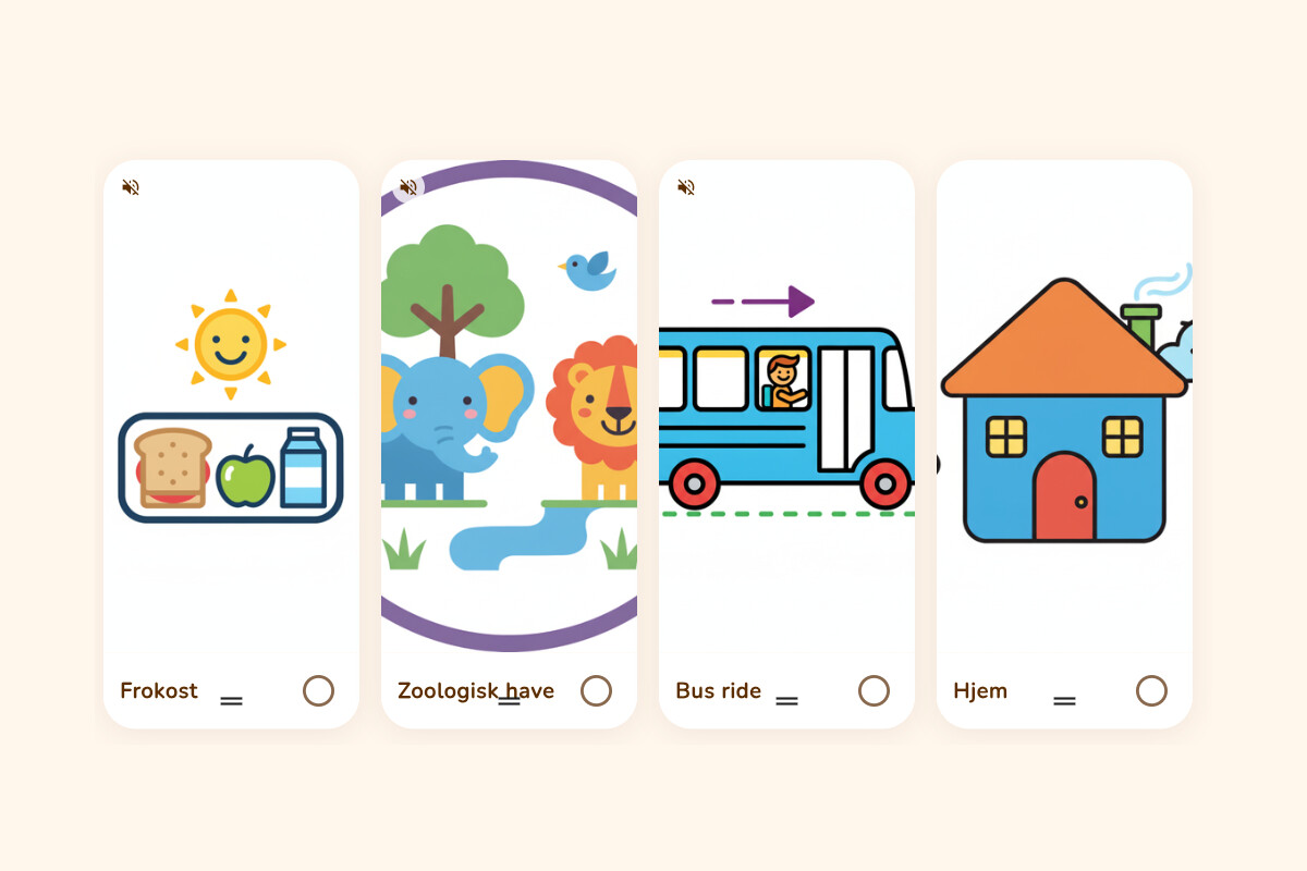 Four pictogram activity cards in a row: lunch, the zoo, a bus ride and home, each with a picture and a tick circle to mark it done