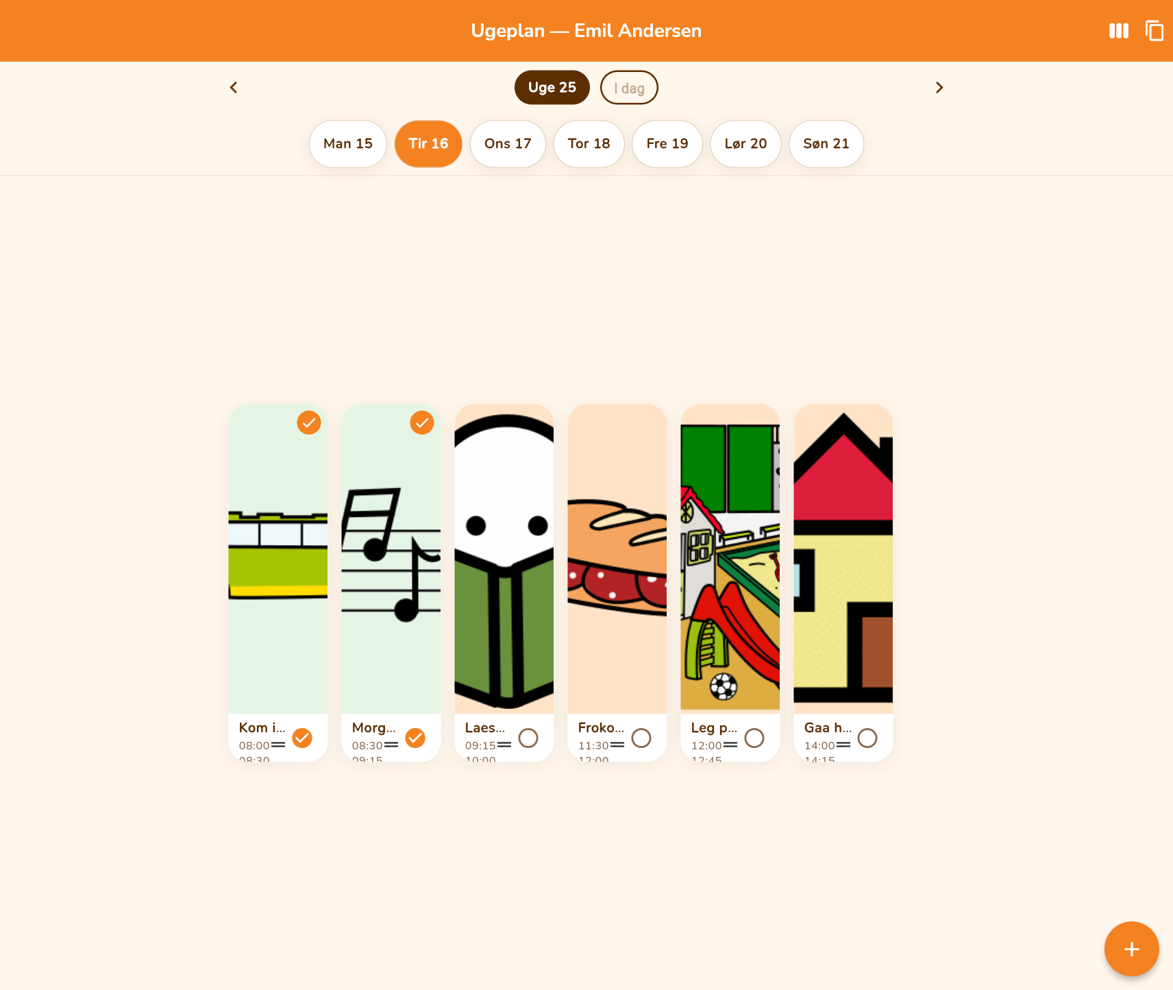 The Weekplanner app showing a child's day as a column of pictogram activity cards, the first activities ticked off as done