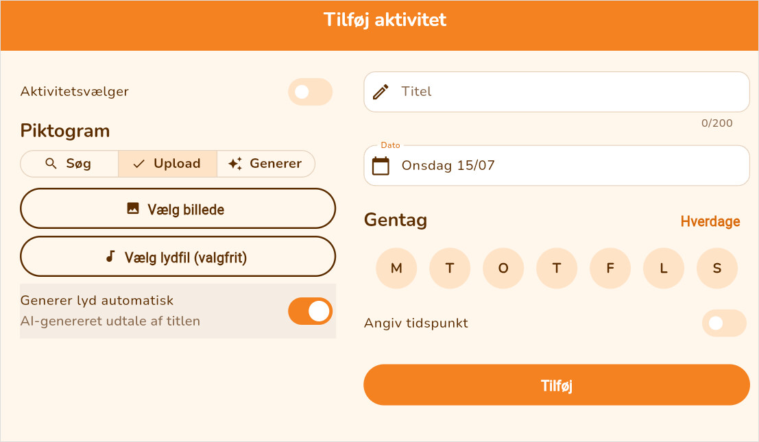 Add-activity form with pictogram search, upload and AI generation
